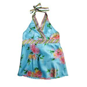 Mary-Kate and Ashley Girl M 7-8 Pink Floral Rainbow Trim Halter Tie Tank Top Y2K